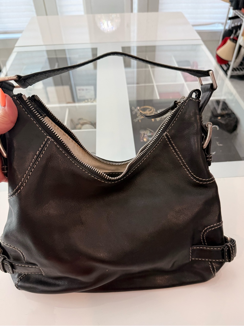 Michael Kors Black Leather Hobo Shoulder Bag White Contrast Stitch Y2K